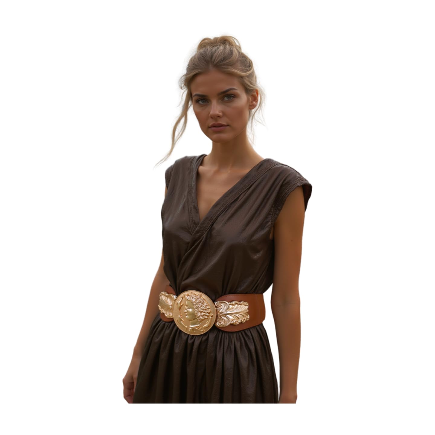 Women Fashion Wide Elastic Belt Hip Waist Gold Metal Greek Coin Buckle S M Brown