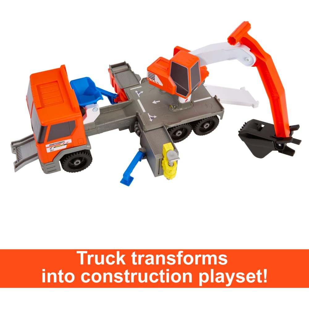Matchbox Cars Playset, Action Drivers Transforming Excavator, Large Toy Truck, 1:64 Scale Construction Vehicle & 4 Accessories