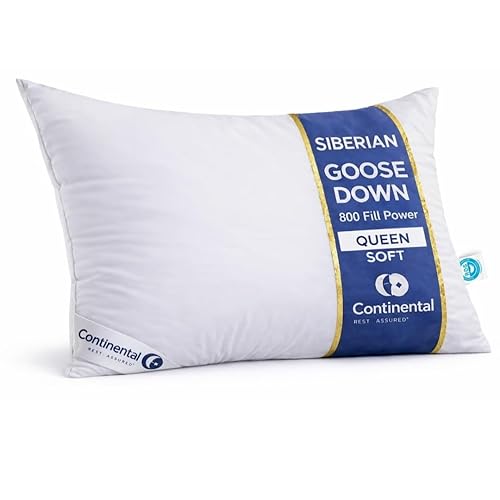 Continental Bedding Siberian Goose Down Pillow - 800 Fill Power White Goose Down - 400 Thread Count 100% Cotton Shell - Soft, Medium & Firm Luxury