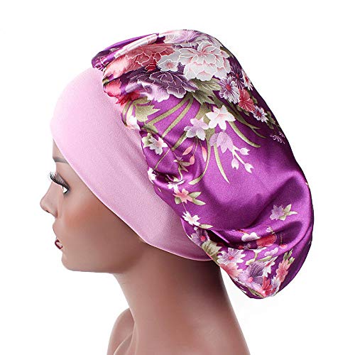 6 Pieces Large Printed Satin Bonnet Sleeping Caps Soft Elastic Wide Band for Women Hair Loss, Natural Curly Hair Braids (Printed 6pack)