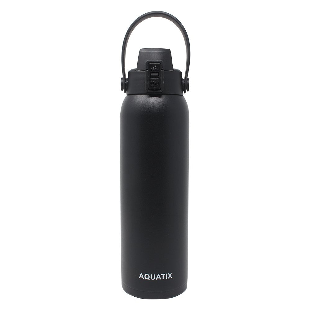 New Aquatix (Black, 32 Ounce) Pure Stainless Steel Double Wall Vacuum Insulated Sports Water Bottle Convenient Flip Top Cap with Removable Strap