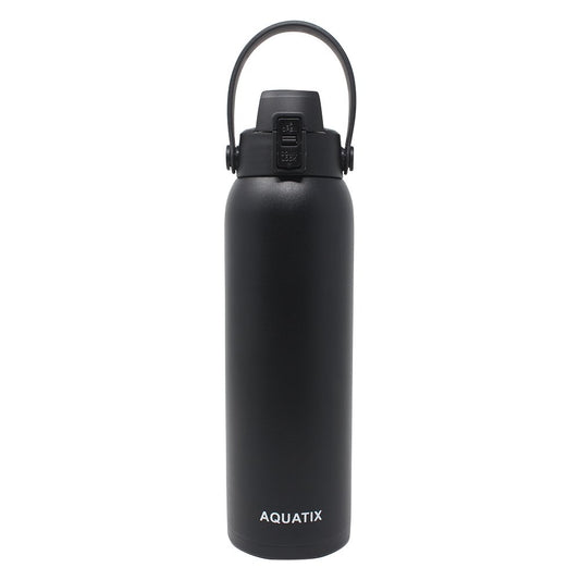 New Aquatix (Black, 32 Ounce) Pure Stainless Steel Double Wall Vacuum Insulated Sports Water Bottle Convenient Flip Top Cap with Removable Strap