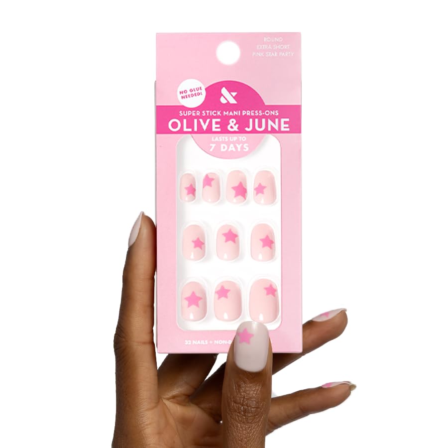 Olive & June Classic Super Stick Mani Summer Press On Nails | No Glue Needed | 32 Tab Nails 16 Sizes | Non-Toxic Tabs Easy On-Off Non-Damaging | 7-Day Beauty & Personal Care Olive & June