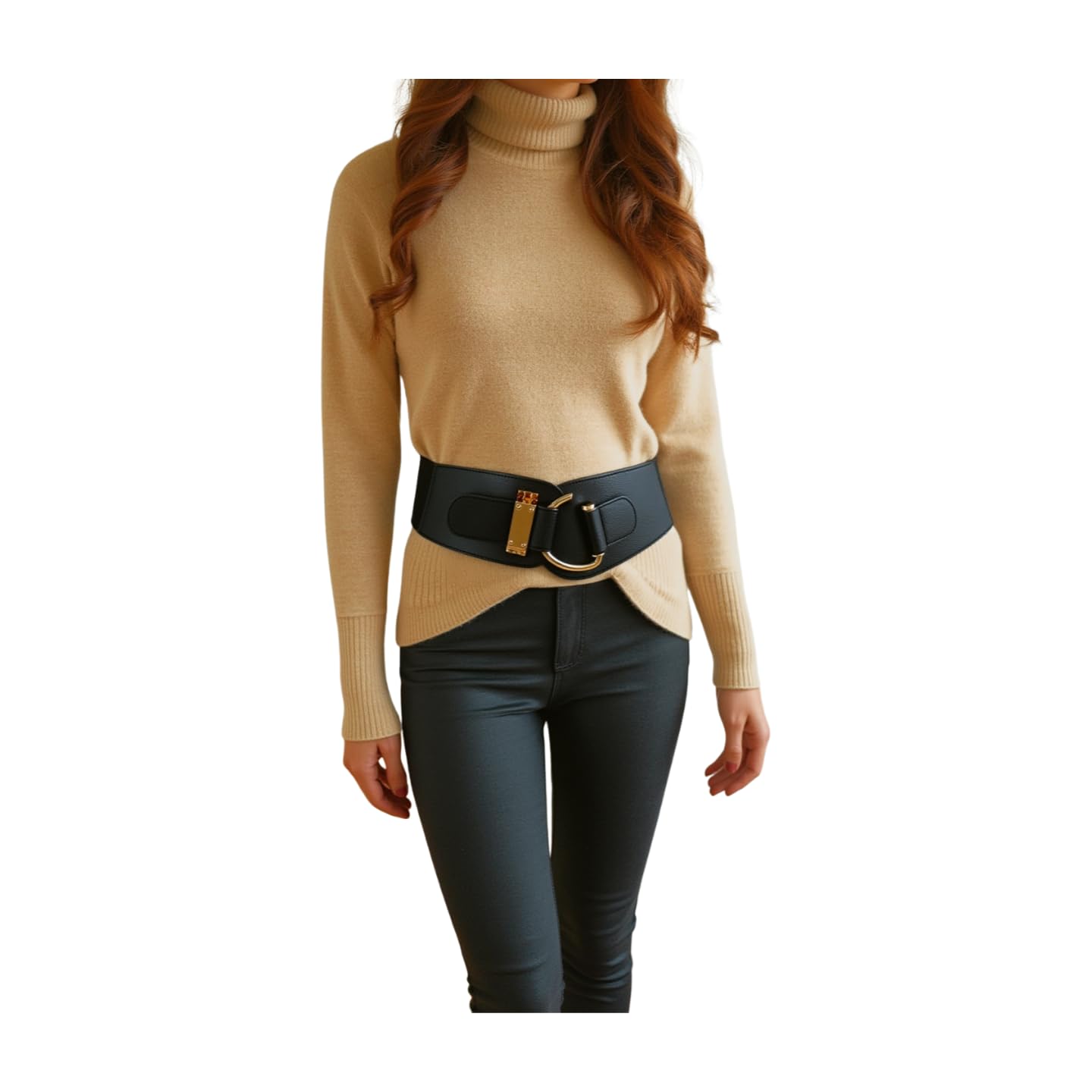 TFJ Women's Wide Fashion Belt Hip High Waist Gold Metal Hook Buckle Plus Size 36-44" Black (Black)