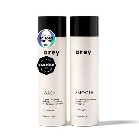 Arey Shower Duo | Daily Wash Shampoo and Smooth Conditioner Set | Delay + Reduce the Signs of Aging Grey Hair | Retain Moisture, Promote Smoothness |