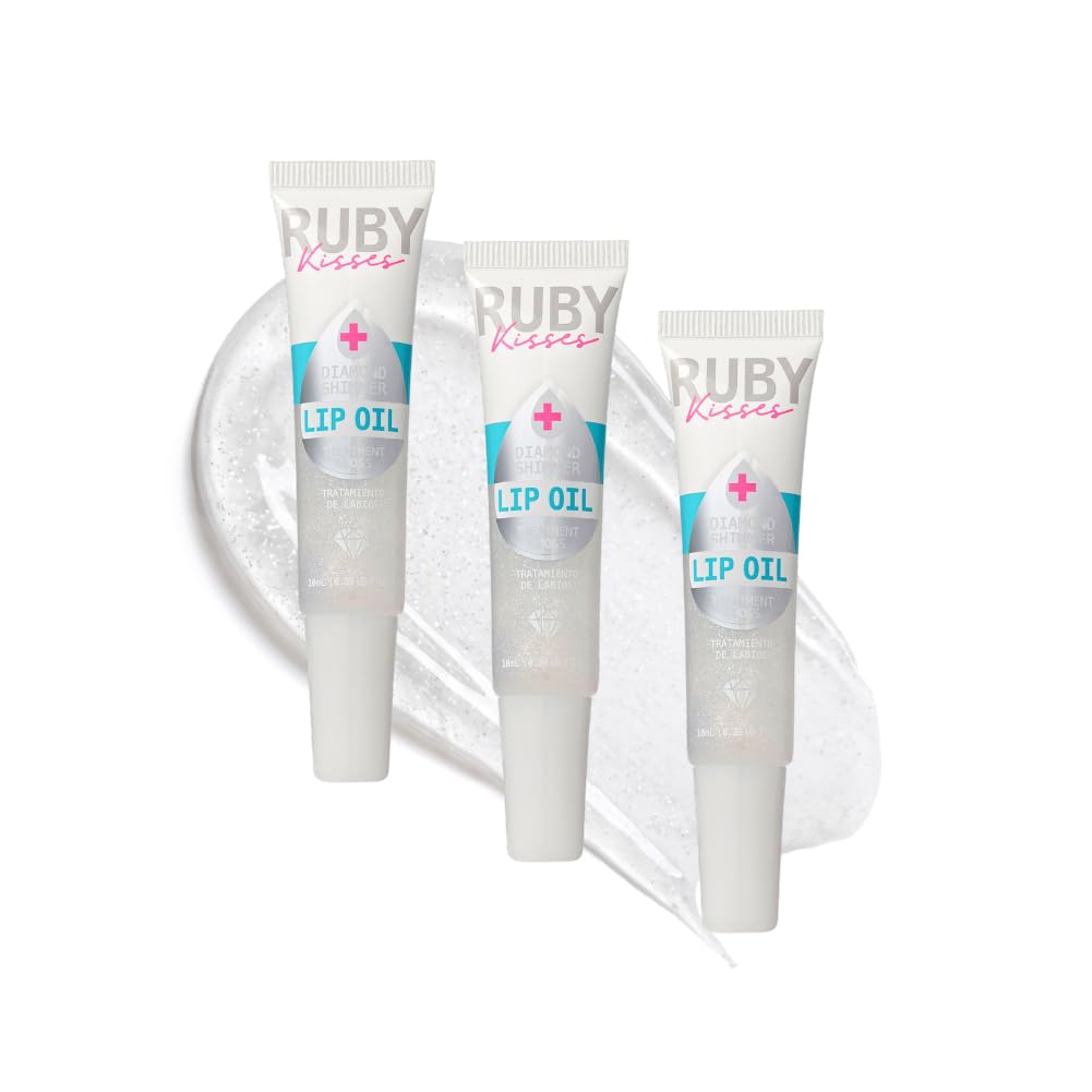Ruby Kisses Hydrating Lip Oil Treatment Gloss with Mint Oil & Diamond Shimmer (3 Pack), Moisturizing Natural Shine Lip Care Protects & Heals with