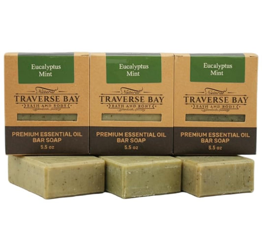 Traverse Bay Bath and Body- All natural handmade cold process bar soap, Eucalyptus and Peppermint, made in the USA, essential oils. 3 bar pack 15 + Beauty & Personal Care Traverse Bay Bath and Body