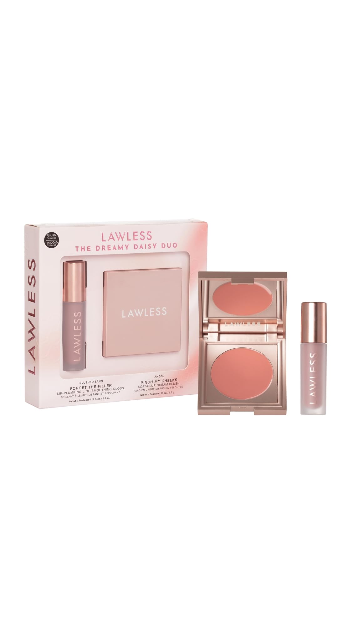 Your perfect lip-and-cheek pairing: Pinch My Cheeks Cream Blush in Angel + Forget The Filler Lip Plumping Gloss in Blushed Sand