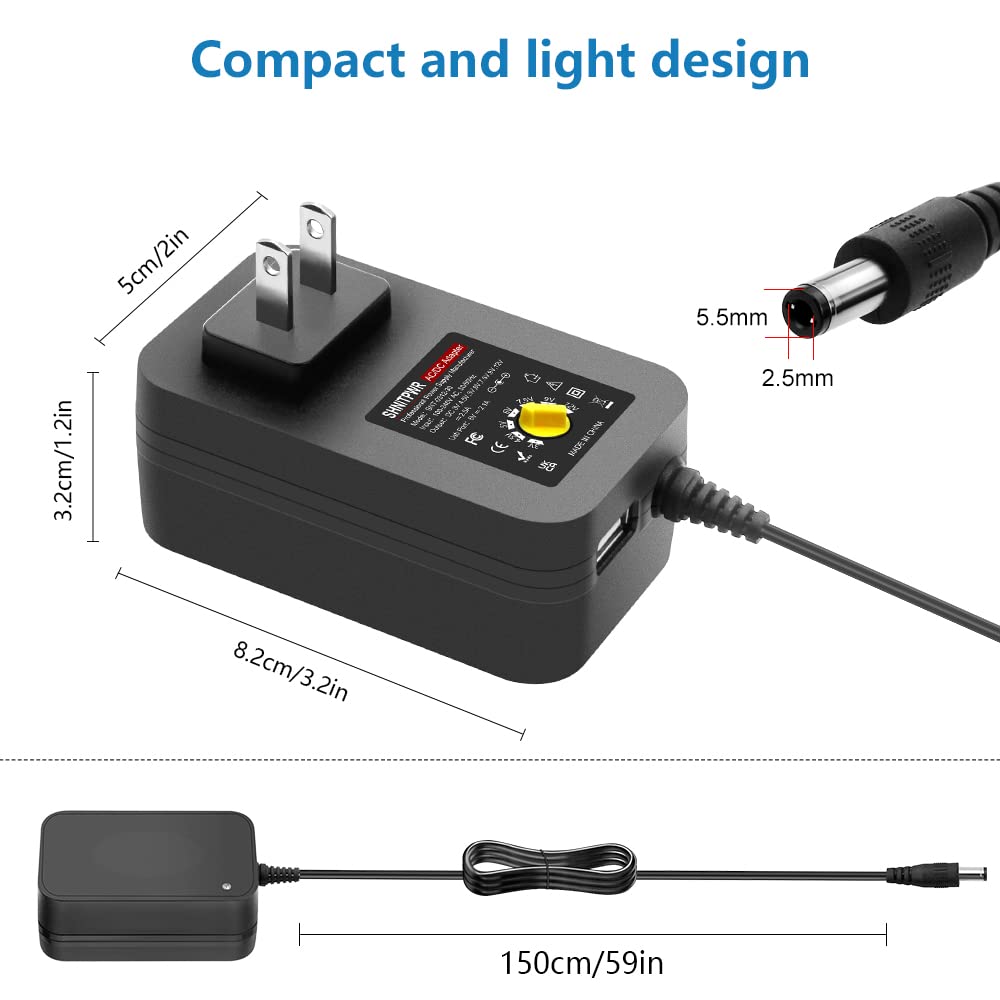 SHNITPWR 30W Universal Power Supply – Adjustable 3V-12V AC/DC Adapter with 5V 2.1A USB Port, 100-240V Converter, 0.5A-2.5A Max, 14 Tips