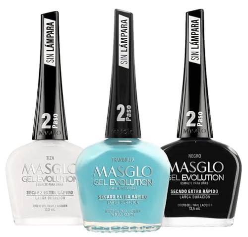 MASGLO Evolution Nail Polish Gel Effect, No UV/LED Lamp Required, Lasts Up To 12 Days, 3 Piece Set - Tranquila, Tiza, Negro Beauty & Personal Care MASGLO