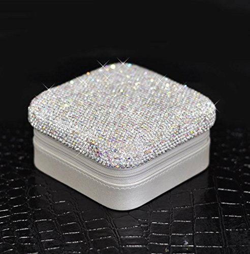 Bestbling Luxury Rhinestone Jewelry Holder Pouch, Travel Portable PU leather Organizer Case w Compartments for Jewelry,Hair Pins (Silver)