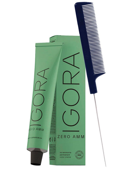 Igora Zero AMM 7-42 Medium Blonde Beige Ash Hair Color | No Ammonia Permanent Color Creme Hair Dye 2.1 oz and M Hair Designs Pin Tail Comb (Bundle)