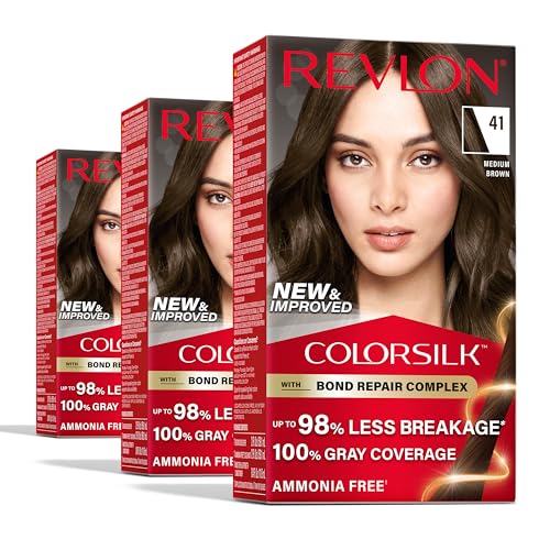 Revlon ColorSilk with Bond Repair Complex, Brown Permanent Hair Color, 100% Gray Coverage, Ammonia Free Hair Dye, Vegan Keratin, 41 Medium Brown (Pack