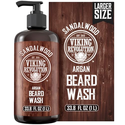 Viking Revolution Sandalwood Beard Wash for Men with Argan Oil - Beard Softener and Strengthener Beard Shampoo with Ginseng, Red Sage, Vitamin B5