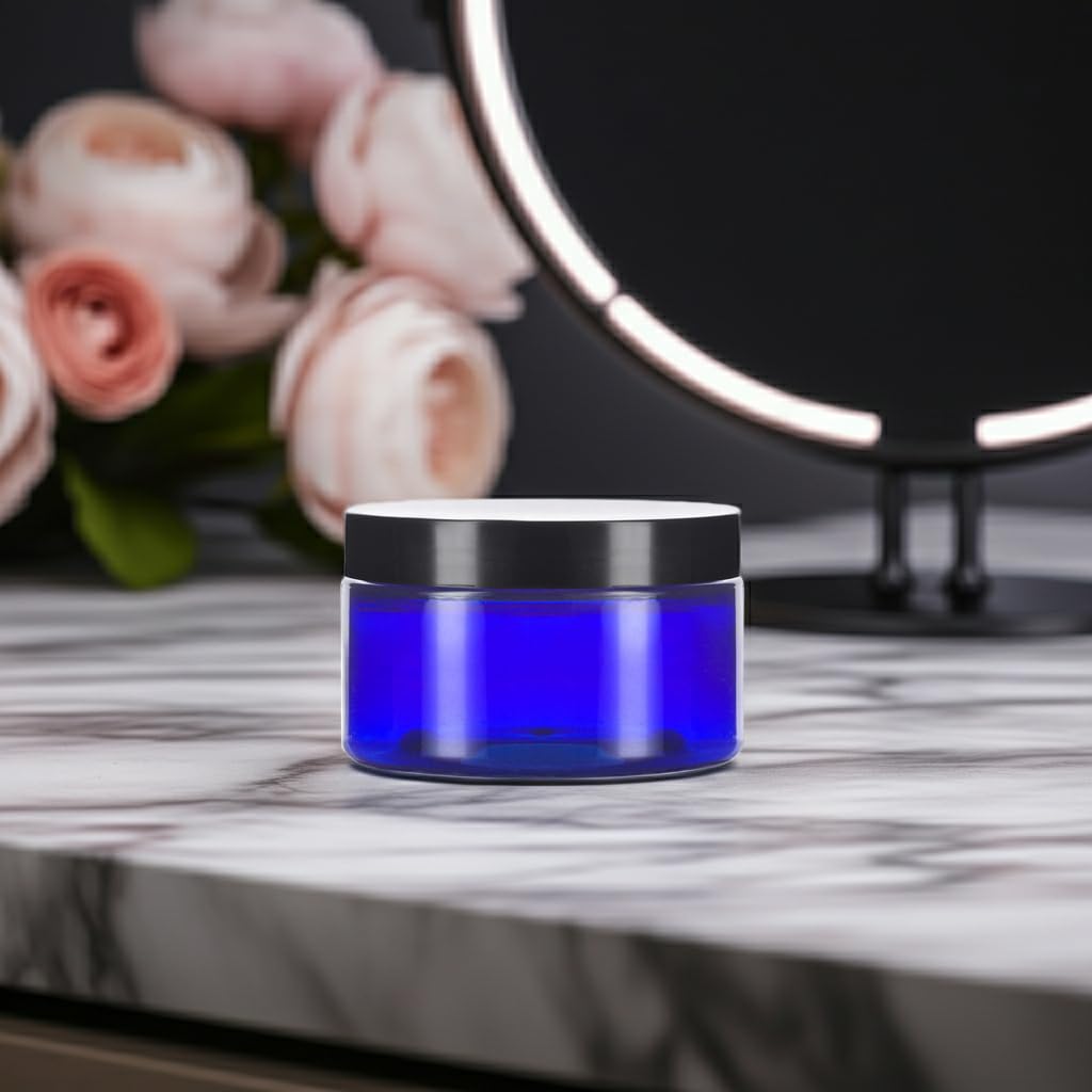 2 oz Cobalt Blue Heavy Wall Plastic Refillable Low Profile Jar with Black Lid (6 pack)