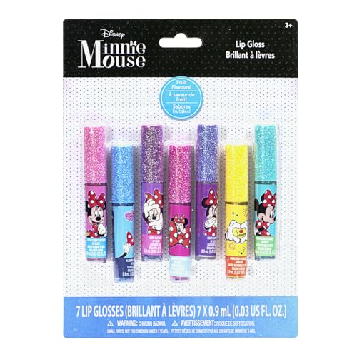 Disney Minnie Mouse 7 Piece Plant Based Lip Gloss, Girls Party Favors, First Makeup Set for Girl, Perfect for Parties, Sleepovers, and Birthday Gifts,