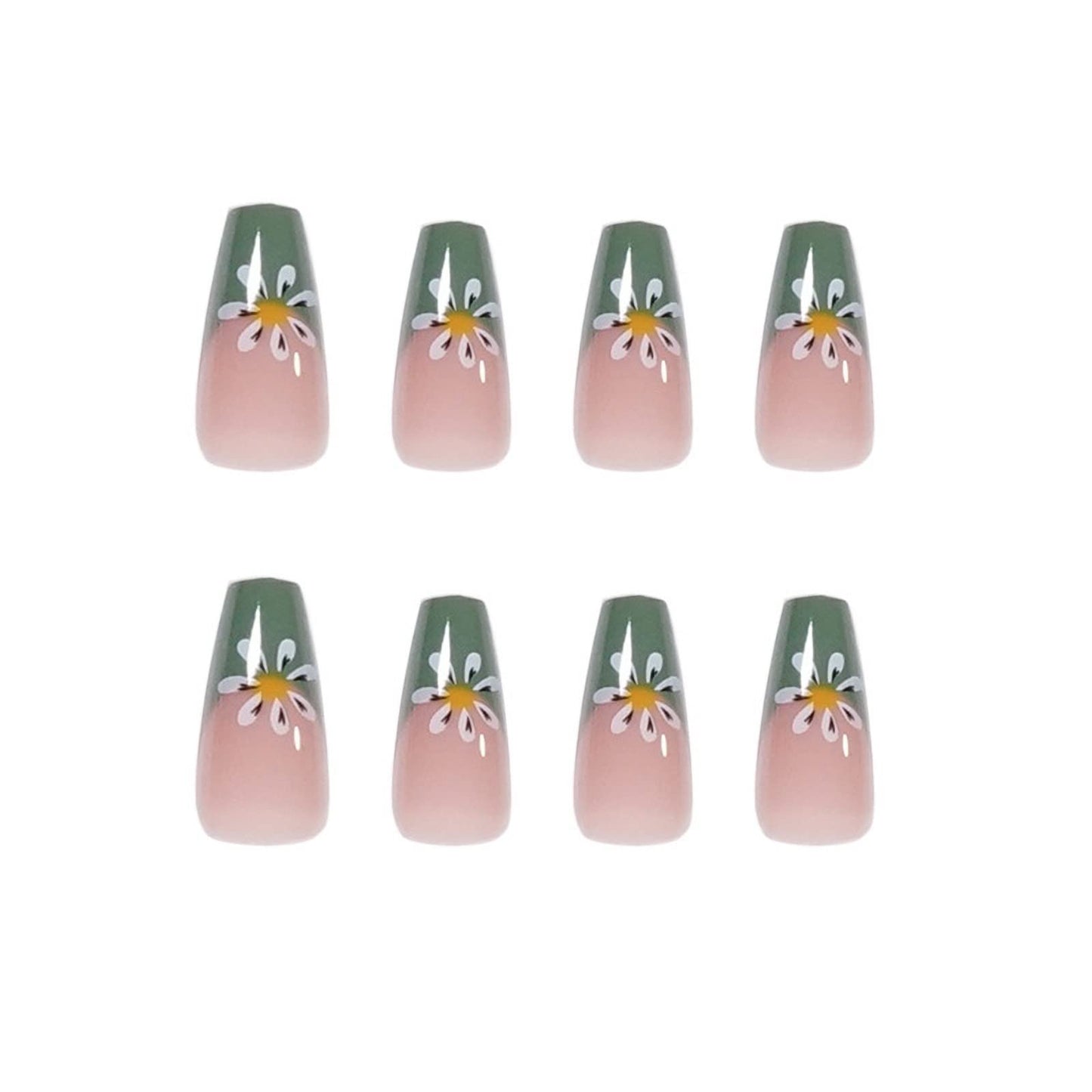 IMSOHOT Glossy Flower Press on Nails Medium Length Green Coffin Fake Nails French Cute False Nails Ballerina Glue on Nails for Women and Girls
