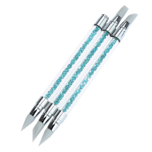 BornBeauty 2 Ways Silicone Nail Art Acrylic Pen Brushes set 3 Pcs Blue Rhinestones Design Sculpture Carving Brush for 3D Effect Shaping Drawing Beauty & Personal Care Born Beauty