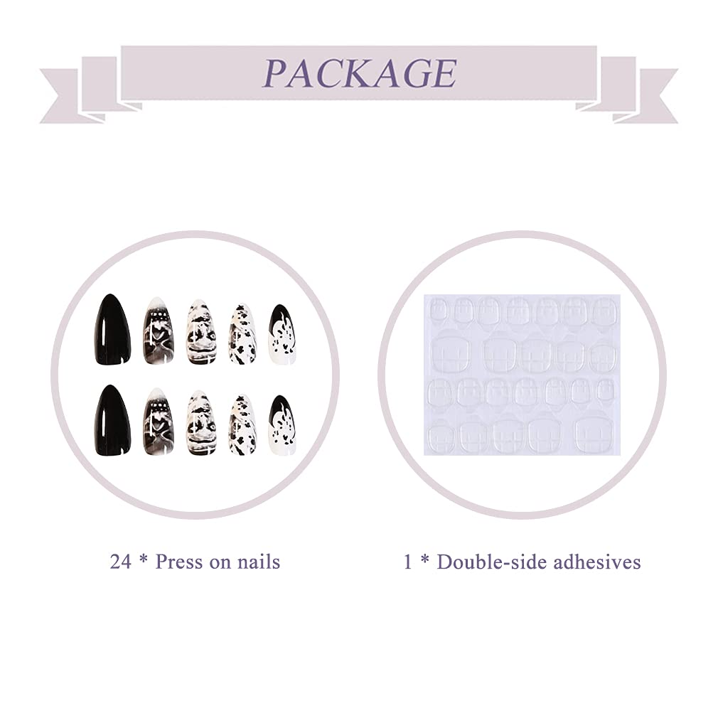 BABALAL 24Pcs Medium Stiletto Fake Nails Black Skull False Nails Punk Full Cover Artificial Halloween Press on Nails Almond Acrylic Nails for Women