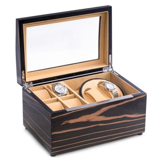 Bey-Berk BB621EBN Lacquered Ebony Burl Wood 2 Winder with Storage for 4 Watches, Glass Top, Velour Lined, Brown