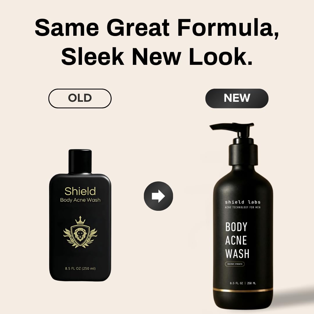 Shield Men's Acne Body Wash for Back, Chest & Shoulders - 4% Benzoyl Peroxide Body Wash, Clears Breakouts & Acne Scars - Unscented with Niacinamide