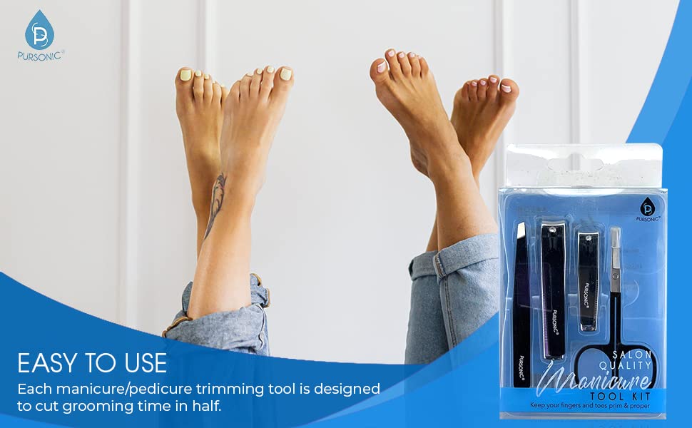 Pursonic | Salon Quality Manicure Tool Kit for Manicures & Pedicures, Includes Nail Clippers, Tweezers & Nail Scissors - Durable Stainless Steel