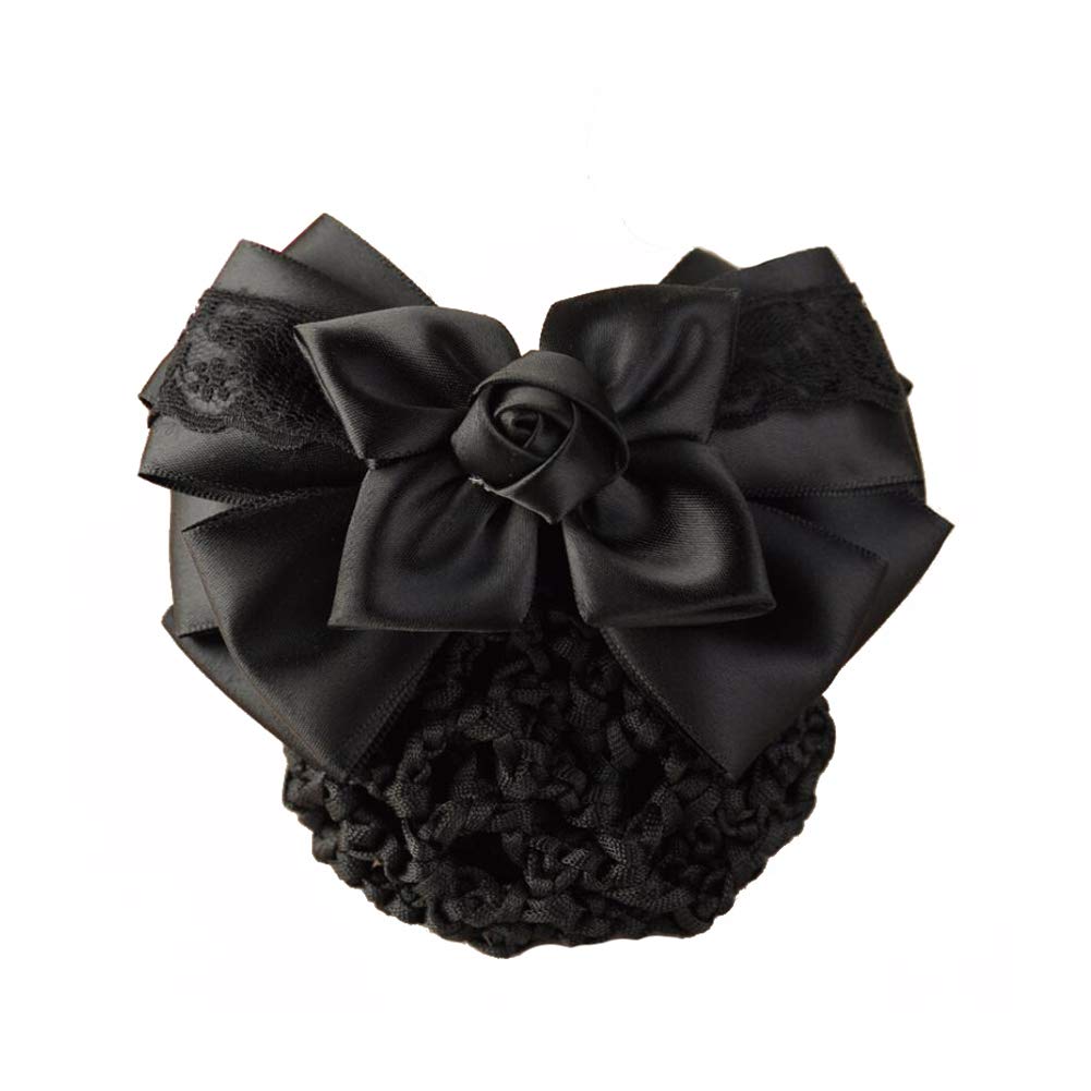 Women Hair Bun Cover Net Snood Hairnet Bowknot Decor Satin Bow Barrette French Hair Clip Bow Ribbon Flower Hair Accessories For Stewardess Banks