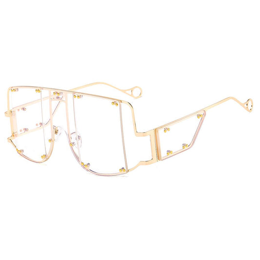 COTIA/Fashion Square Sunglasses Women New Oversized Mirror Men Shades Glasses Luxury Brand Metal Rivet Fashion Female Eyewear (gold clear)