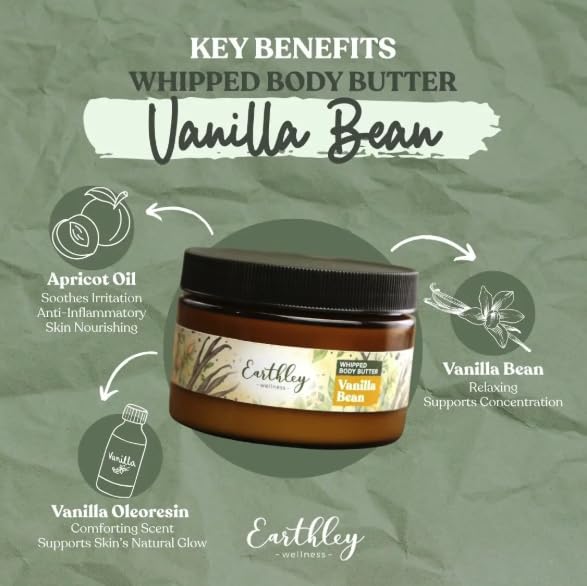 Earthley Wellness Whipped Body Butter Vanilla, Natural Body Butter with Mango Butter & Apricot Oil, Nourishing Skin Butter for Dry Skin