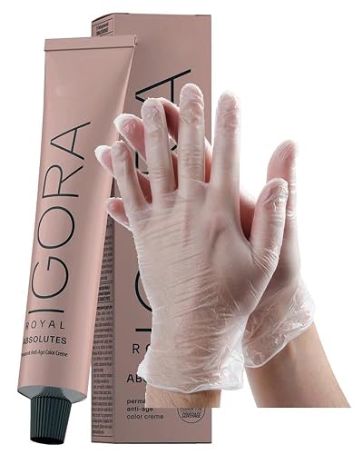 IgoraAbsolutes 7-10 Medium Blonde Cendre Natural Permanent Hair Color 2 Fl Oz and Clear Powdered Medium Vinyl Gloves (Bundle)