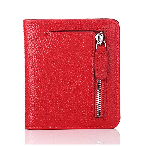 FUNTOR Small Wallets for Women, Ladies Small Compact Bifold Pocket RFID Blocking Genuine Leather Wallet for Women, Red