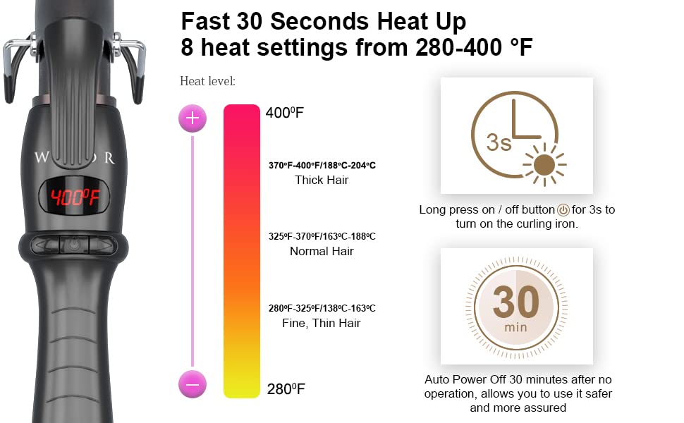 Professional 1-1/2" Tapered Curling Wand with Short Clamp, Ceramic Curling Iron for Long Lasting Curls or Waves, Hair Curling Iron Wand