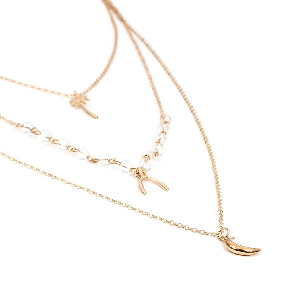 DoubleNine Boho Layered Necklace Crescent Pendant Charm Jewelry Retro Accessories for Women Girls