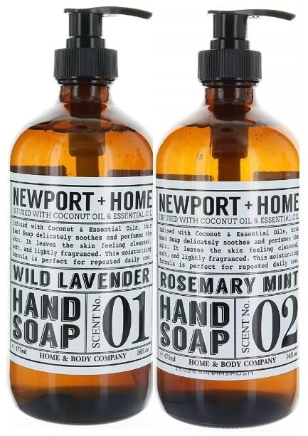 Energetic Pairing: 2-Pack Reusable Glass Bottles, Newport & Home Hand Soap - Wild Lavender and Rosemary Mint Infused with Essential Oil - 16 Fl oz