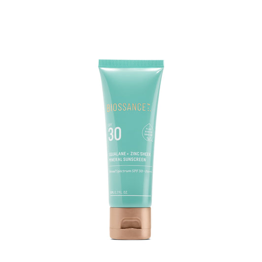 Biossance Squalane + Zinc Sheer Mineral Sunscreen Lotion - Broad-Spectrum SPF 30 with Zinc Oxide and Ectoin - Weightless with Non-Greasy, Dewy Finish