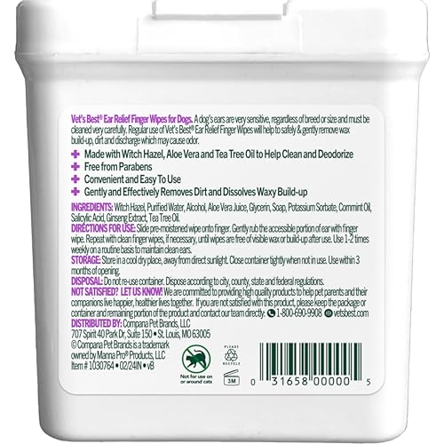 Vet's Best Ear Cleaner Finger Wipes for Dogs – 50 ct Disposable Pads to Soothe Itchy Ears, Remove Odor & Gently Clean for Hygiene & Relief