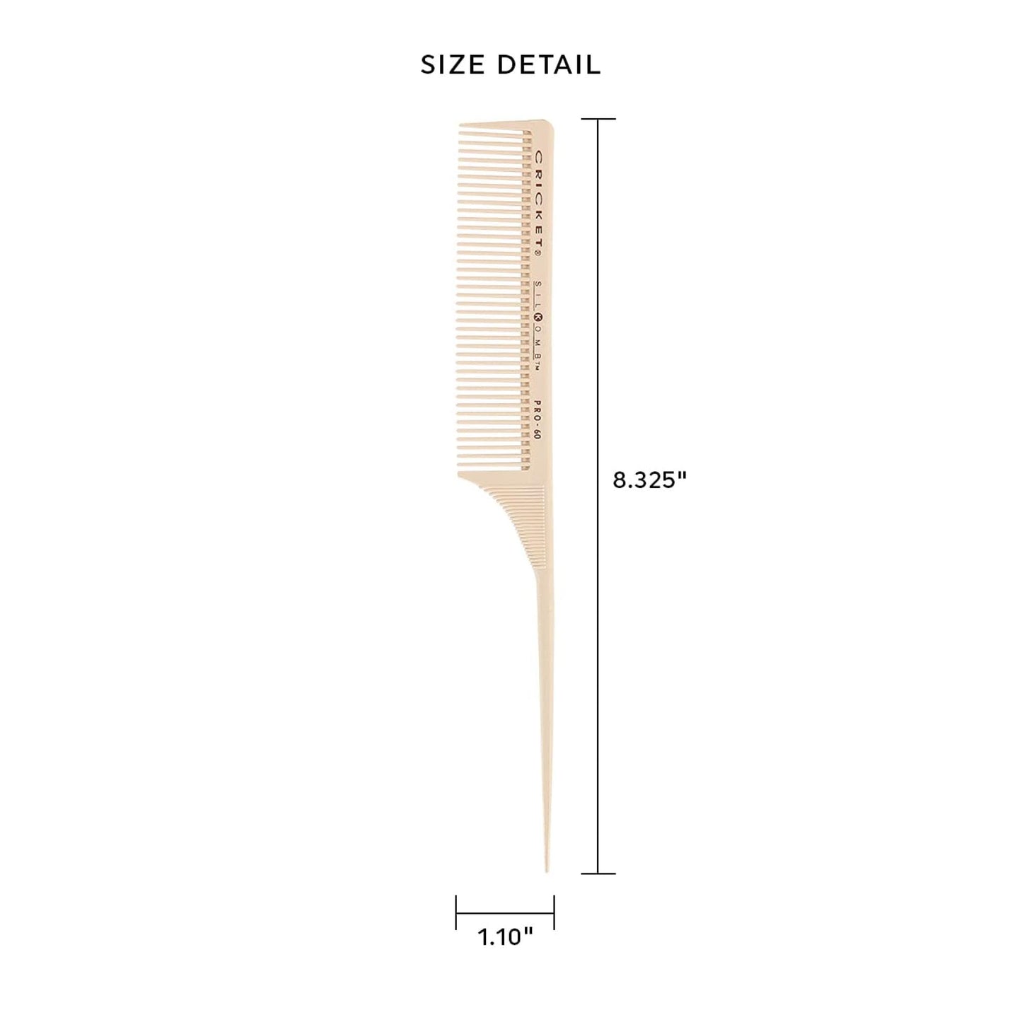 Cricket Silkomb Pro-60 Medium Tooth Rattail Comb - Japanese-Made, Silicone-Injected Design with Seamless Teeth for Precision Sectioning, Teasing