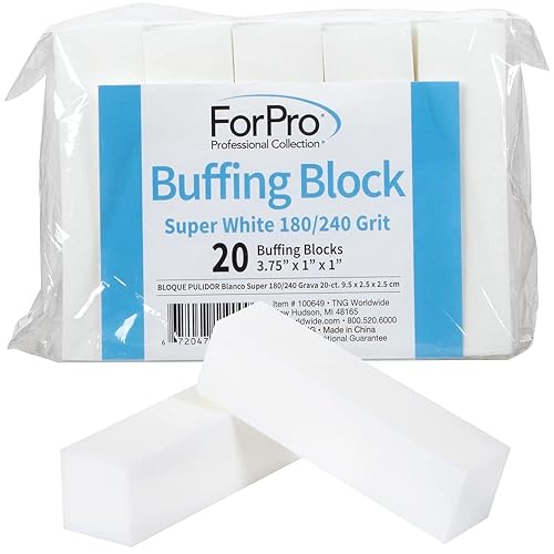 ForPro Professional Collection Buffing Block, Super White, 180/240 Grit, Four-Sided Manicure and Pedicure Nail Buffer, 3.75" L x 1" W x 1" H, 20-Count