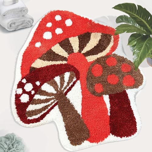 BeauWoven Mushroom Rug - Washable Bath Mat Non-Slip Bathroom Rug Absorbent Mat for Kids and Women Ideal Red Mushroom Decor Rugs for Bedroom, Kitchen