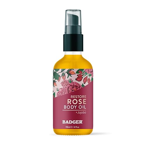 Badger Rose Body Oil, 100% Organic Rose Scented Body Oil, All Natural Body Moisturizer, Organic Jojoba & Rose Oils Soothe Dry Skin, 4 fl oz Glass