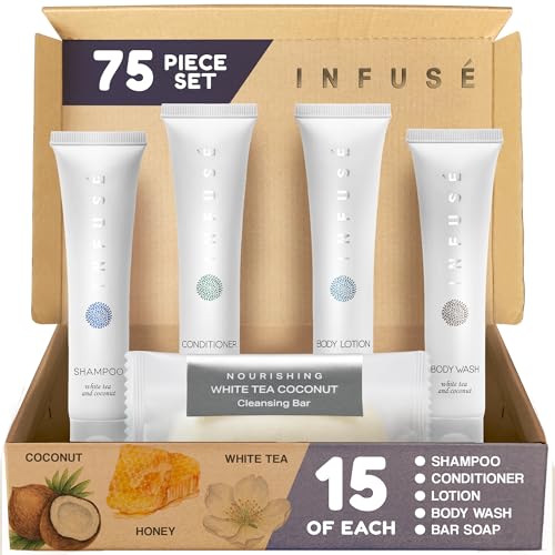 Infuse Pure White Tea and Coconut All-In-Kit Hotel Soaps and Toiletries Bulk Set | 1oz Shampoo & Conditioner, Body Wash, Lotion & 1.25oz Bar Soap |
