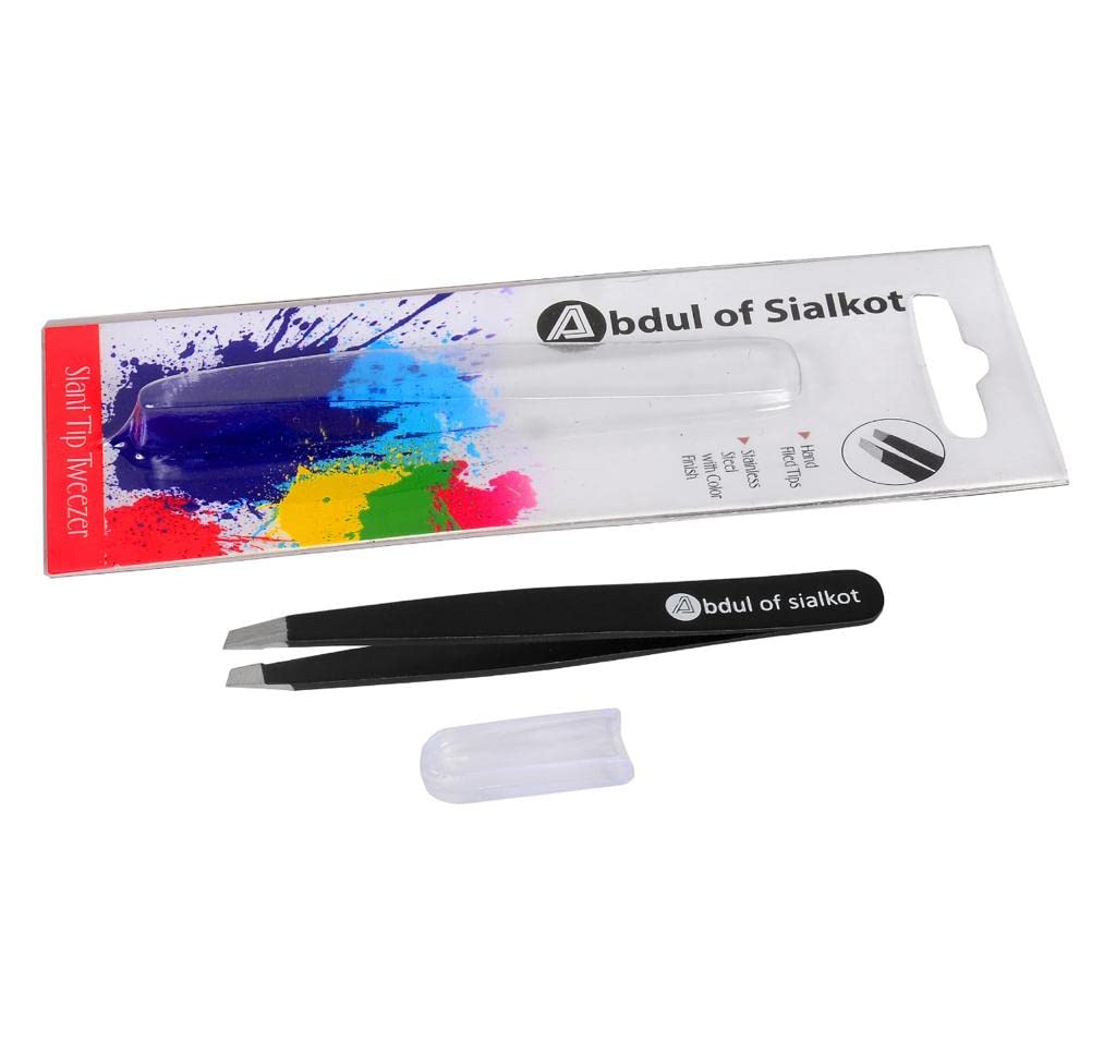 Abdul of Sialkot Tweezers for Eyebrows -Slant Tip Professional Stainless Steel Eyebrow Tweezers for Women & Men - Great Precision on Brow, Facial Hair
