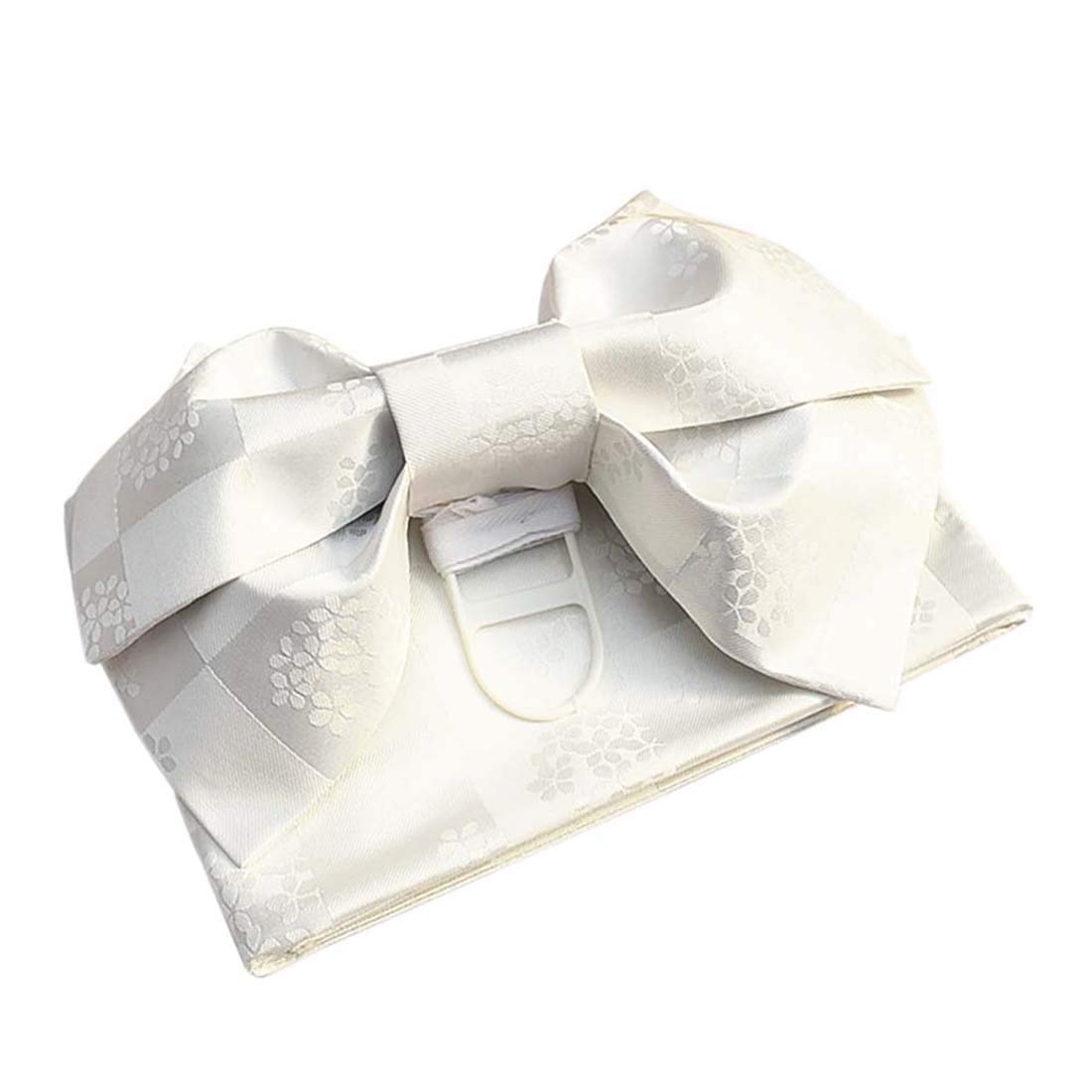 Japanese Traditional Pre-Tied OBI Belt Sakura Jacquard Weave Bow Tsukuri OBI Kimono Sash Yukata Robe Accessories (White)
