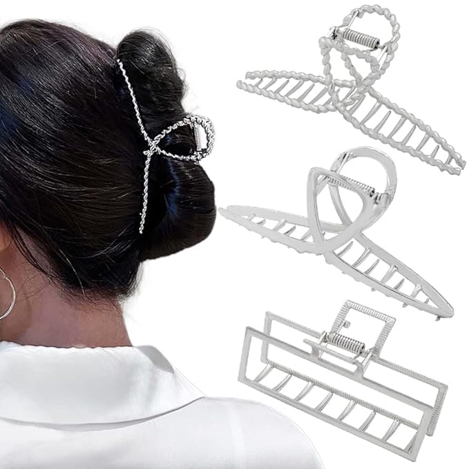 3pcs Hair Claw clips for Women, Metal Silver Large Hair clips for Thick Thin Hair, Geometric Cross Square Jumbo Catch Barrette Clamps, Fashion Hair