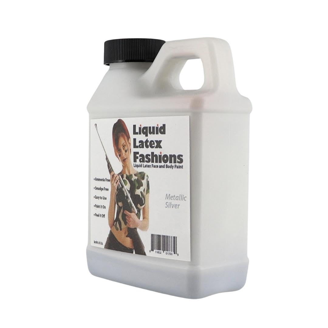 Metallic Silver Liquid Latex - 8 Oz Face and Body Paint, Shimmery Silver Effects for New Year's, Cosplay, Costumes