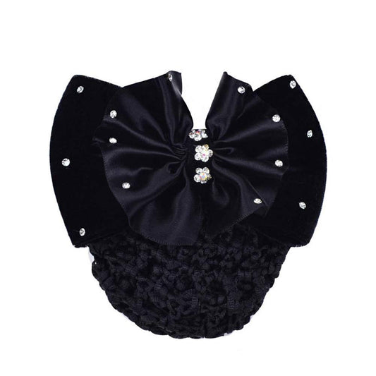 1PCS Black Rhinestone Satin Bow Barrette Bowknot Snood Net Barrette Hair Clip Bun Cover Hairnet Bowknot Decor French Hair Clip Women Girls Hair