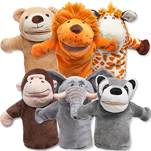 JOYIN 6Pcs Kids Hand Puppet Set with Working Mouth, Toddler Animal Plush Toy Includes Elephant, Giraffe, Lion, Bear, Raccoon and Monkey for Show…