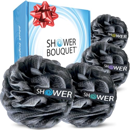 SHOWER BOUQUET Loofah-Charcoal Bath-Sponge-4-Pack // Extra-Large 75g Soft Mesh Black Loofa Lufa Loufa Luffa Puff Set/Exfoliating Body Scrubber