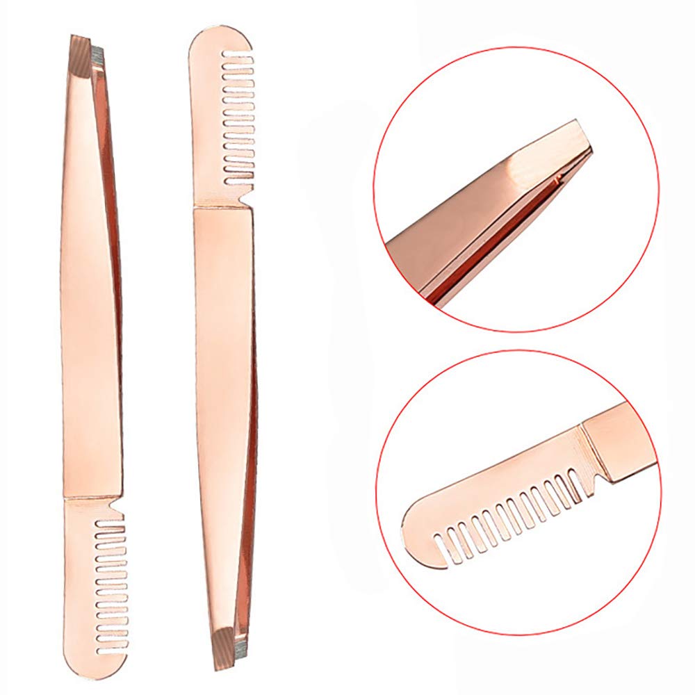 Amaok Eyebrow Tweezer with Comb - Tweezer Slant Tip, Professional Stainless Steel Slant Tip Tweezer - The Best Gold Precision Eyebrow Tweezers