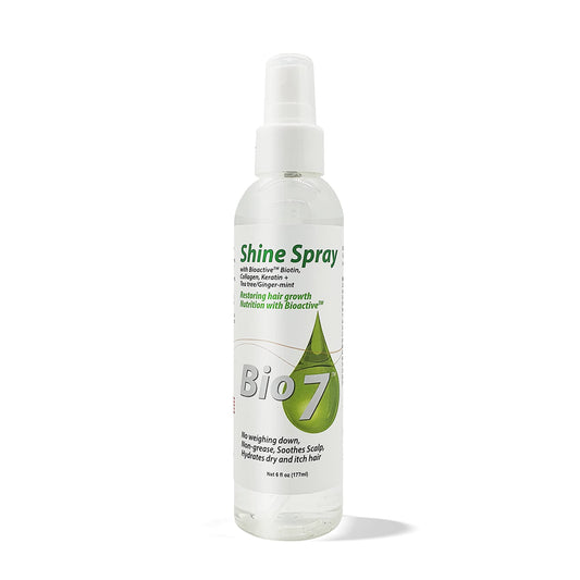 BIO7 SHINE SPRAY W/ BIOACTIVE BIOTIN, COLLAGEN, KERATIN + TEA TREE/GINGER-MINT - 6 Fl Oz - Leave Natural Hair, Wigs, and Weaves with a Glossy Shine